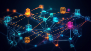 An abstract representation of blockchain technology, visualizing linked blocks and network connections, illustrating the interconnected nature of blockchai