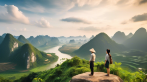 A Vietnamese couple standing atop a mountain peak, looking out at the vast and beautiful landscape of the Northwest region of Vietnam, with rolling hills,